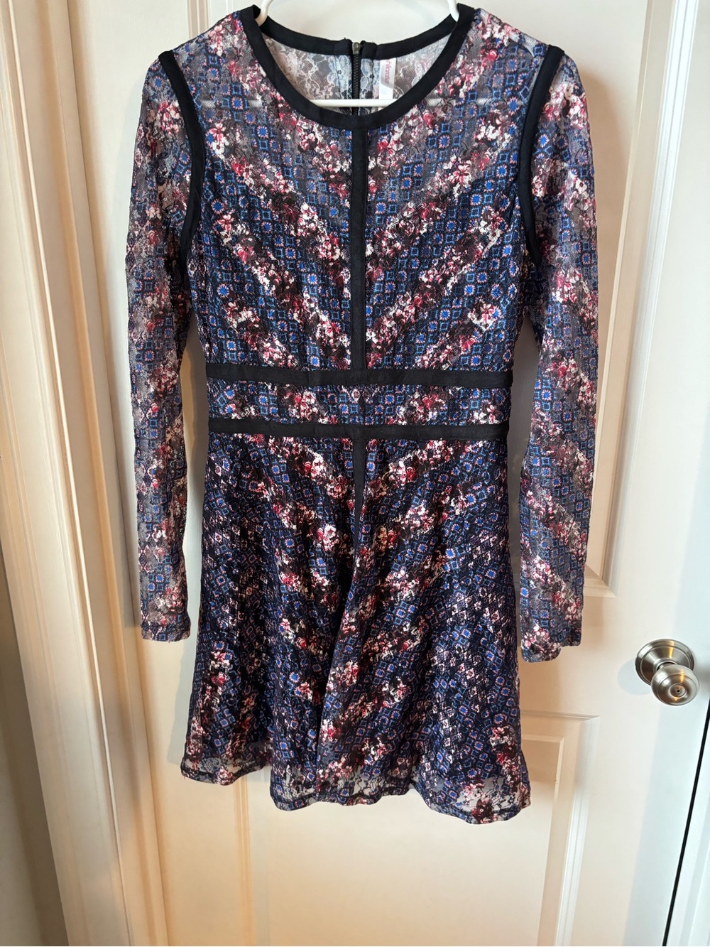 Xhilaration Navy and Pink Floral Long-Sleeve Skater Dress